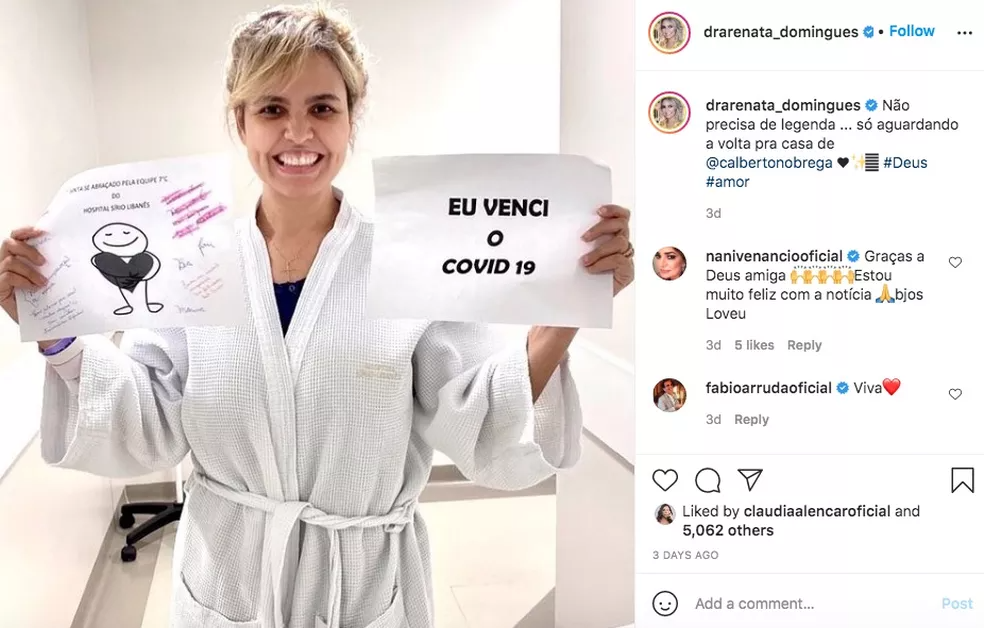 A médica Renata Domingues de Nóbrega, esposa do apresentador Carlos Alberto de Nóbrega, do SBT, anuncia a cura dela da Covid-19. — Foto: Reprodução/Redes Sociais 