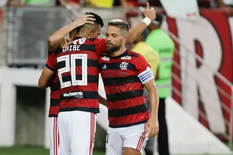 Uribe comemora seu gol durante partida entre Flamengo X LDU válida pela segunda rodada da Libertadores 2019 no estádio do Maracanã, zona norte da cidade, nesta quarta-feira (13/03)