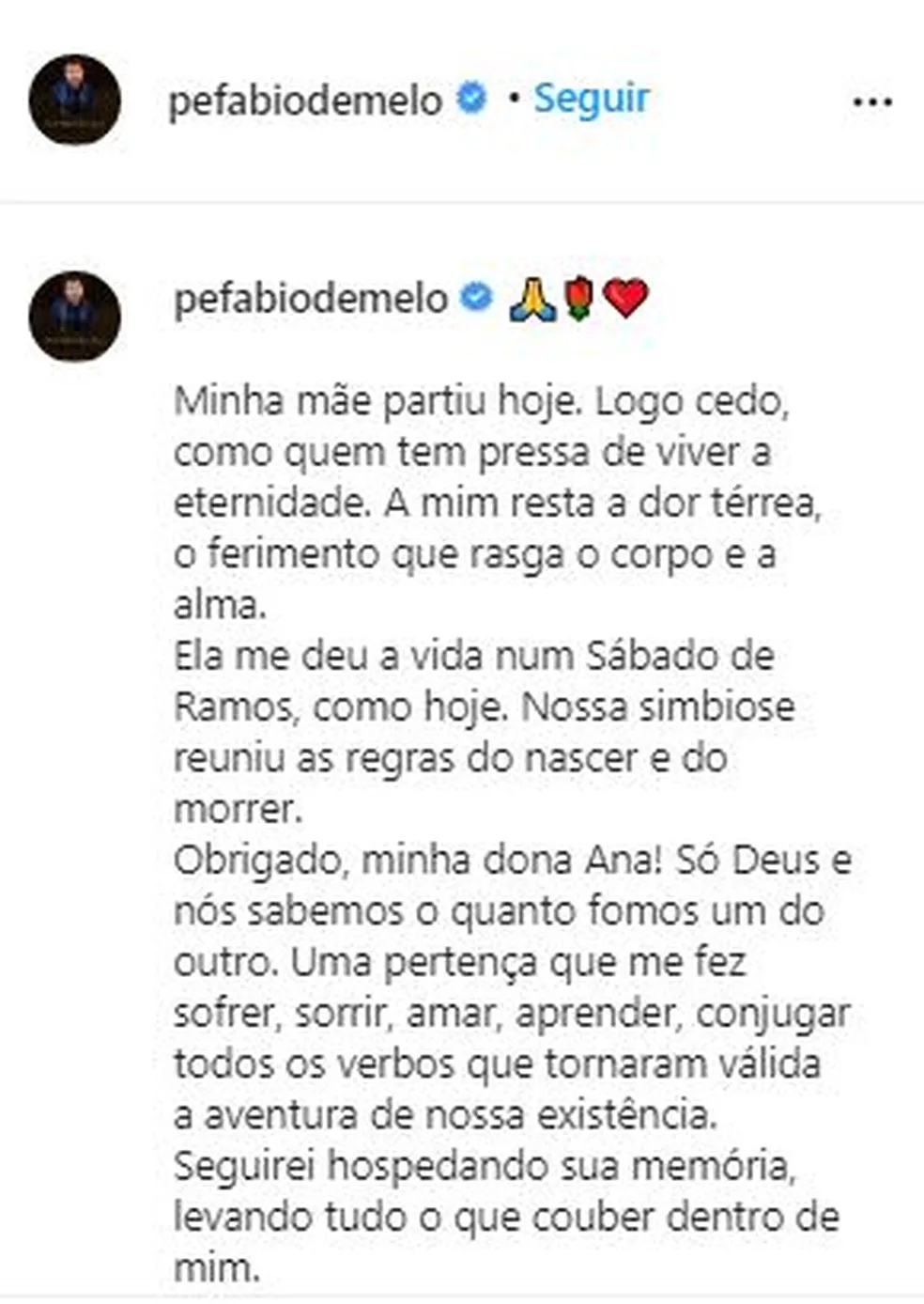 Postagem do padre Fábio de Melo sobre a morte da mãe — Foto: Reprodução/Rede Social 