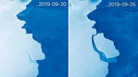 Sistema de satélite Sentinel-1 da União Europeia capturou essas imagens para fazer a comparação antes e depois Sistema de satélite Sentinel-1 da União Europeia capturou essas imagens para fazer a comparação antes e depois