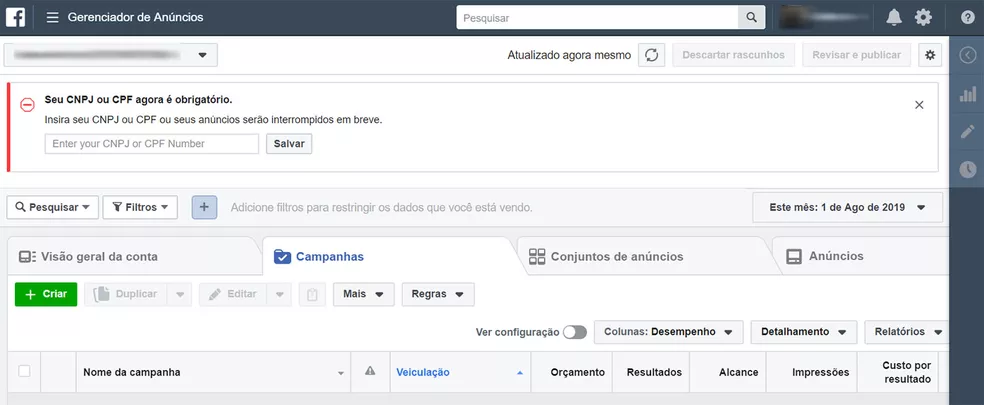 Gerenciador de anúncios do Facebook, onde ficam registradas as campanhas feitas a partir de um perfil — Foto: Reprodução Gerenciador de anúncios do Facebook, onde ficam registradas as campanhas feitas a partir de um perfil — Foto: Reprodução