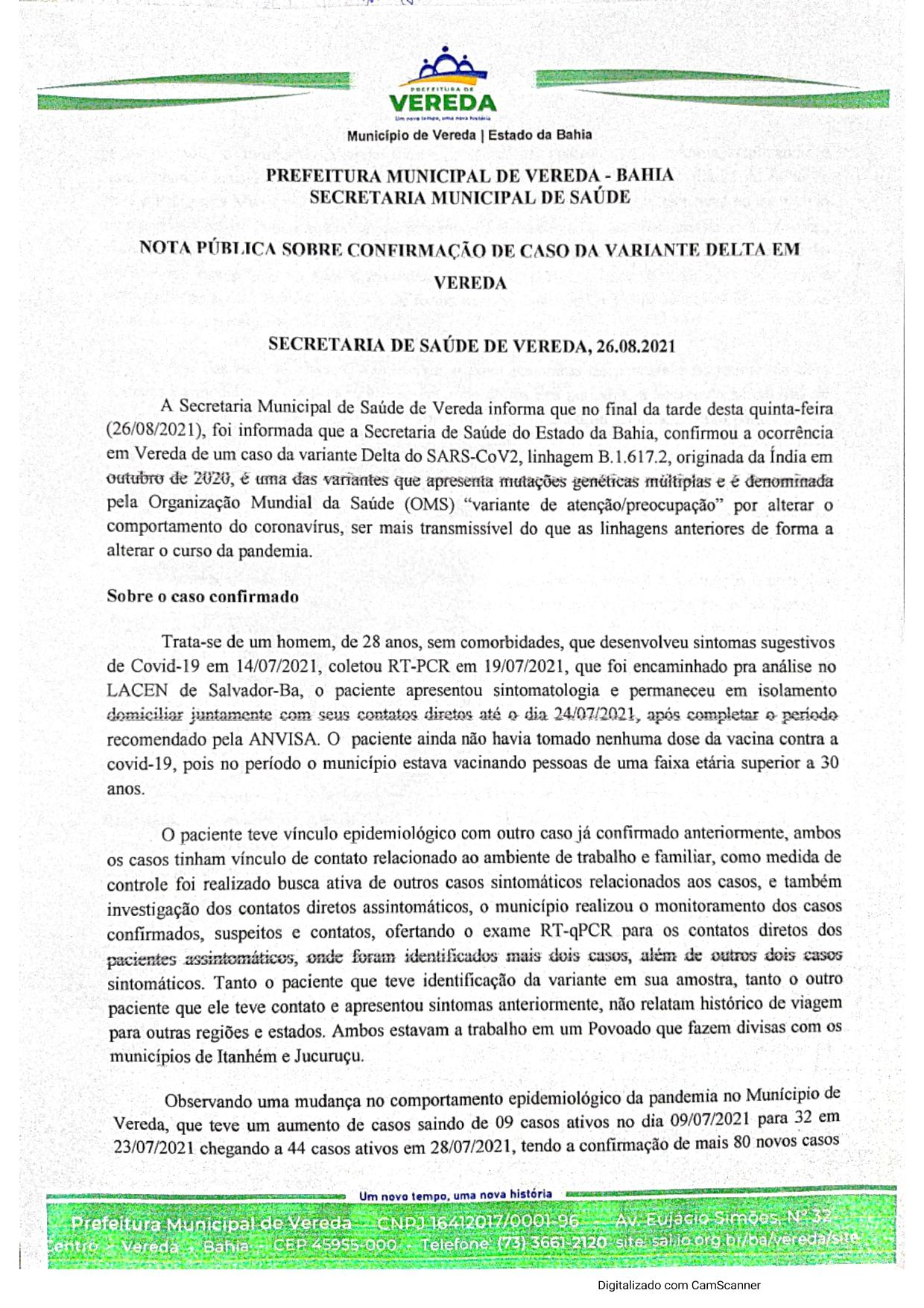 Vereda esclarece primeiro caso de variante Delta do novo coronavírus, originária da Índia