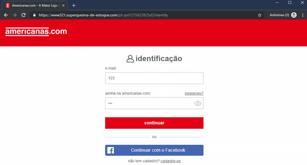 Página falsa da Americanas em endereço muito diferente do site verdadeiro — Foto: Reprodução Página falsa da Americanas em endereço muito diferente do site verdadeiro — Foto: Reprodução