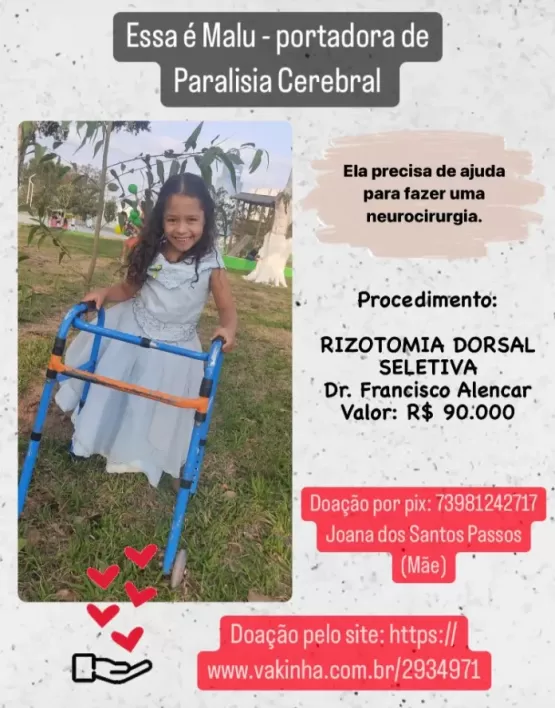 Criança com paralisia cerebral precisa de ajuda para realizar cirurgia urgente