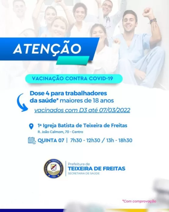 Teixeira - Ação de vacinação DOSE 4 contra Covid-19 para trabalhador da saúde acontece nesta quinta, 07