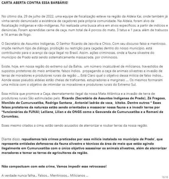 Comunidade acusa o Secretário de Assuntos Indígenas do município de ser conivente com a caça ilegal