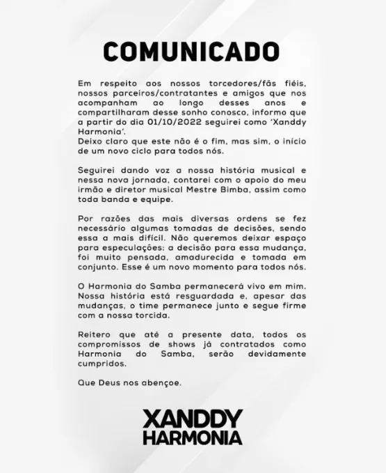 Xanddy anuncia que está deixando o Harmonia do Samba