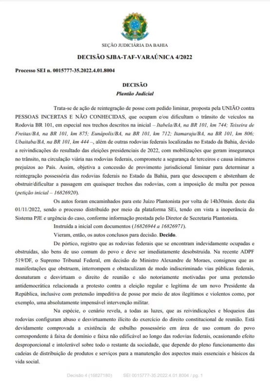 Teixeira de Freitas: Juiz Federal defere liminar e proíbe interdições de rodovias