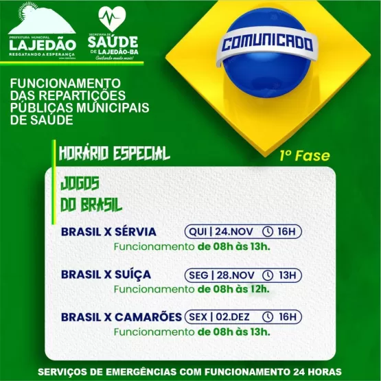 Copa do Mundo - Secretaria de Saúde de Lajedão altera atendimentos em dias de jogos do Brasil