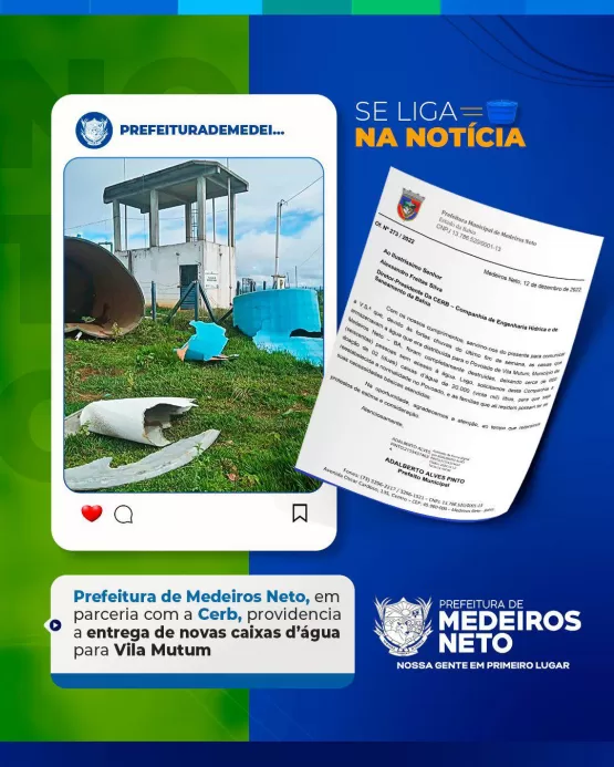 Prefeitura de Medeiros Neto, em parceria com a Cerb, providencia a entrega de novas caixas d’água para Vila Mutum