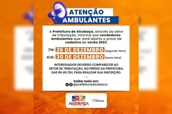 Prefeitura de Alcobaça abre cadastro para vendedores ambulantes para o verão 2023