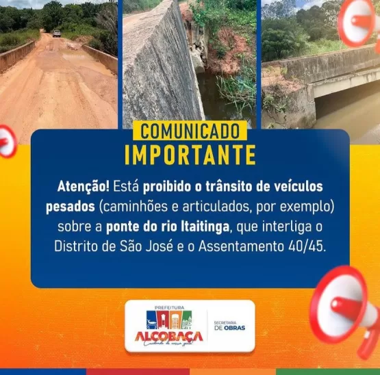 Prefeitura interdita trânsito de veículos pesados sobre a ponte do Rio Itaitinga em Alcobaça