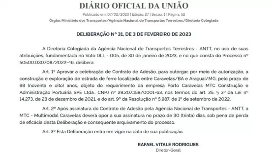 Confirmada - Autorização  da construção da Ferrovia Bahia-Minas saindo de Caravelas, passando por Teixeira de Freitas e Mucuri é publicada no Diário Oficial de União