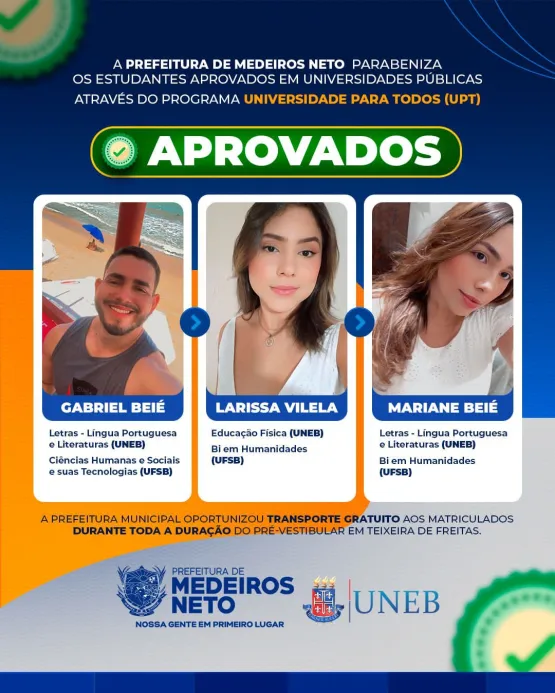 Prefeitura de Medeiros Neto parabeniza estudantes do Programa UPT aprovados em universidades públicas