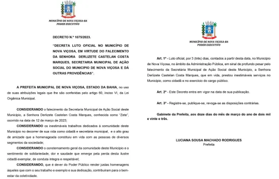 Prefeitura de Nova Viçosa decreta luto de três dias pela morte da Secretária do Municipal de Ação Social