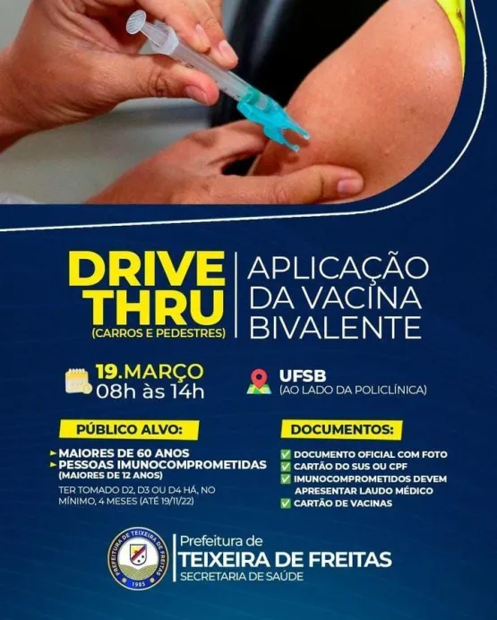 COVID-19: drive thru de aplicação da vacina bivalente ocorre no próximo domingo (19)