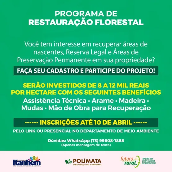 Inscrições para Projeto de Recuperação Florestal em Itanhém é prorrogado até dia 10 de abril