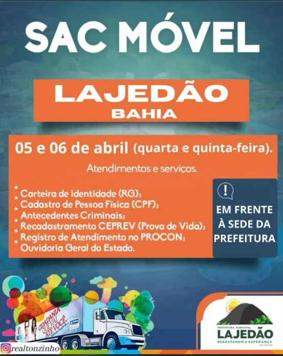 SAC Móvel atenderá em Lajedão nos dias 05 e 06 de abril