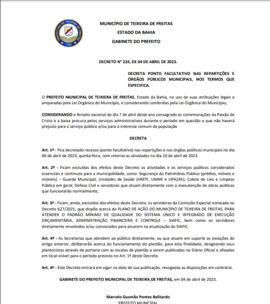 Prefeitura  de Teixeira de Feitas decreta ponto facultativo nesta quinta  feira (06)