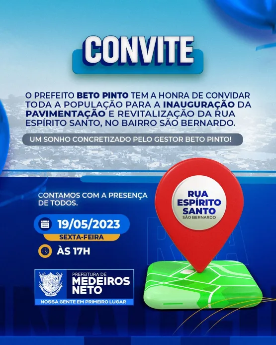 Prefeito Beto Pinto convida população para inauguração da Rua Espírito Santo, nesta sexta (19)