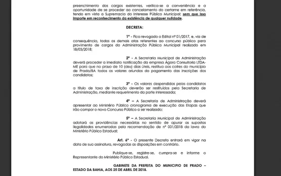 Justiça de Prado declara a nulidade do concurso público realizado pela ex-prefeita Mayra Brito