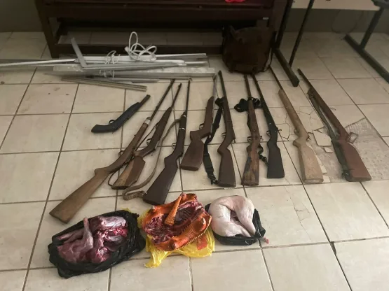 Policiais Militares da CIPPA/PS localizaram base de caçadores ilegais no município de Uruçuca e apreendem mais de 10 kg de caça ilegal e 10 armas de fogo