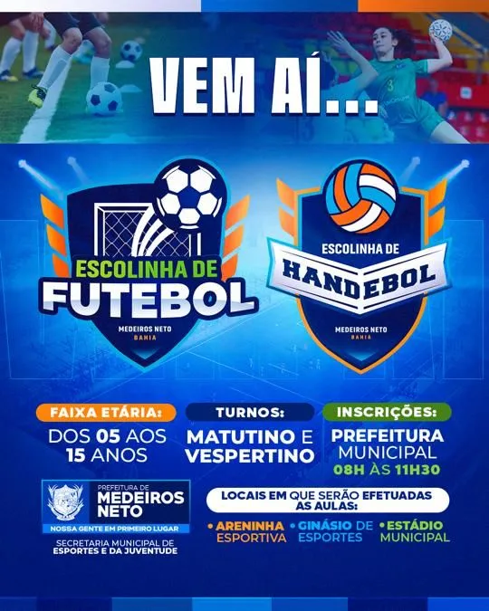 Esporte: Prefeitura de Medeiros Neto abre inscrições para Escolinhas de Futebol e de Handebol
