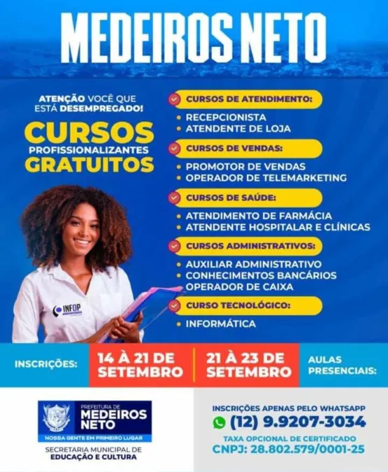 Prefeitura de Medeiros Neto e Infop abrem inscrições para cursos profissionalizantes gratuitos presenciais