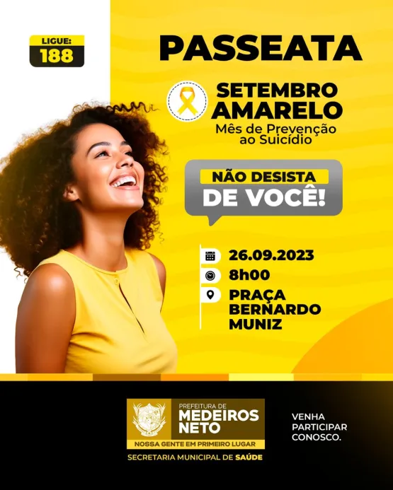 Setembro Amarelo: passeata de conscientização contra o suicídio está marcada para o dia 26, em Medeiros Neto