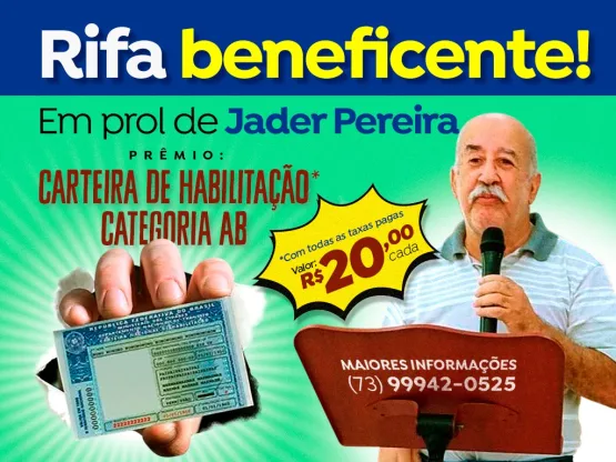 Nova rifa em favor de Jader Pereira sorteará carteira de habilitação