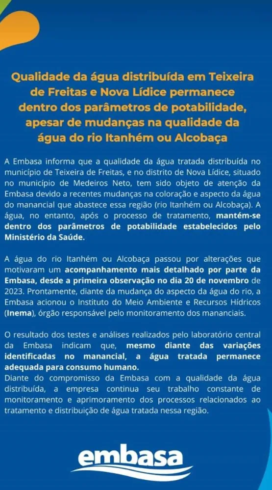 Embasa garante qualidade: Água distribuída em Teixeira permanece dentro dos padrões de potabilidade