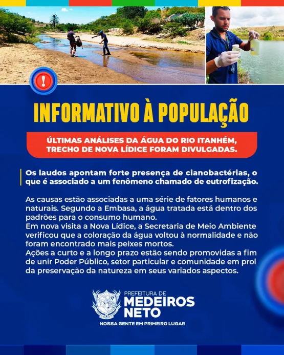 Prefeitura de Medeiros Neto divulga últimos resultados de análise da água do rio Itanhém e faz nova visita a Nova Lídice