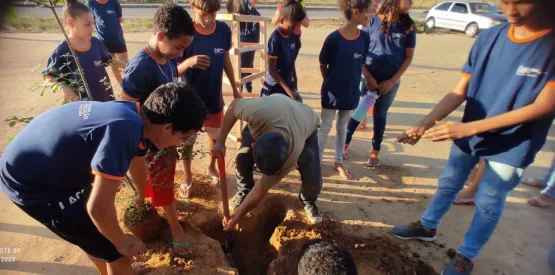 Prefeitura de Medeiros Neto promove plantio de mudas de árvores com estudantes da Escola Christinna