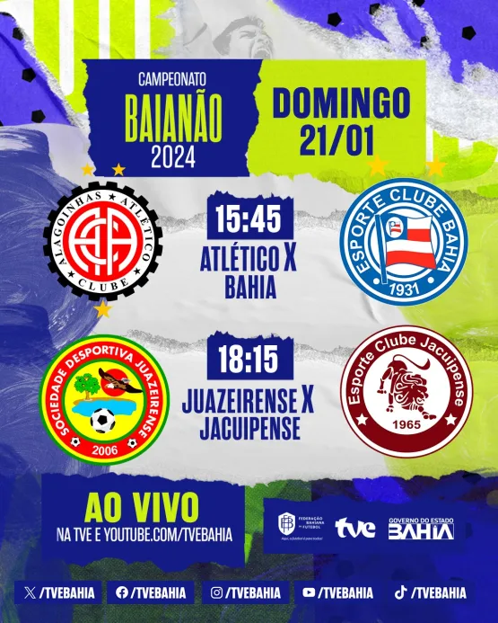 Atlético x Bahia e Juazeirense x Jacuipense neste domingo na TVE