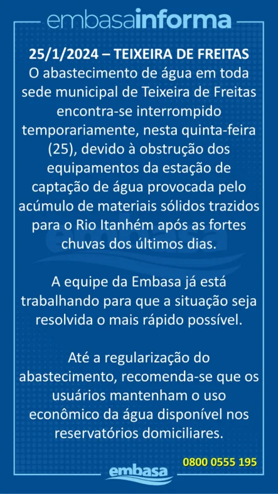 Abastecimento da Embasa está temporariamente interrompido em Teixeira de Freitas