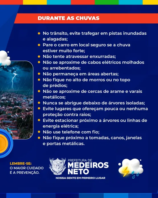 Prefeitura de Medeiros Neto e Defesa Civil lançam informativo à população sobre cuidados durante tempestades 