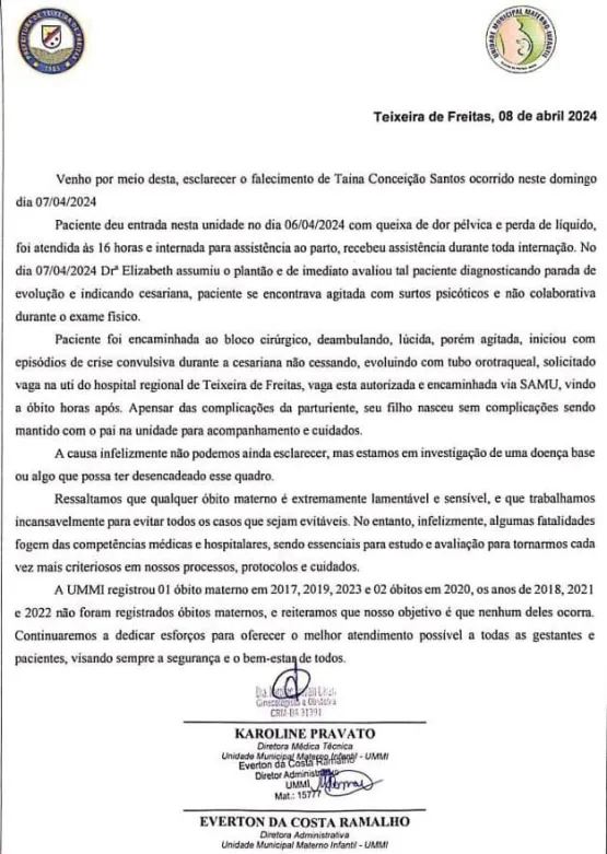 Prefeitura de Teixeira de Freitas lamenta e informa sobre falecimento de Taina Conceição Santos