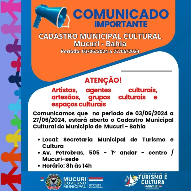 Estará aberto em JUNHO para artistas e profissionais da arte o Cadastro Municipal Cultural de Mucuri