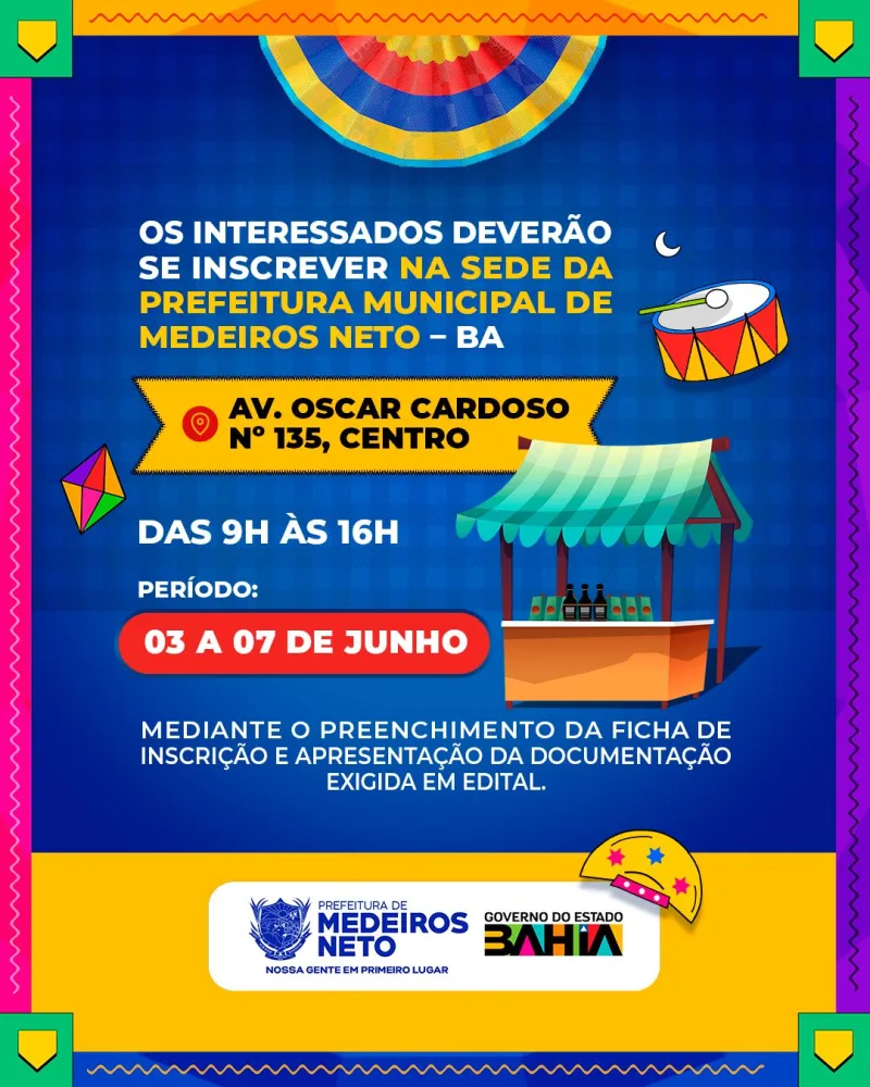 Prefeitura de Medeiros Neto inicia cadastramento de barraqueiros e ambulantes do 36º Arraiá do Água Fria