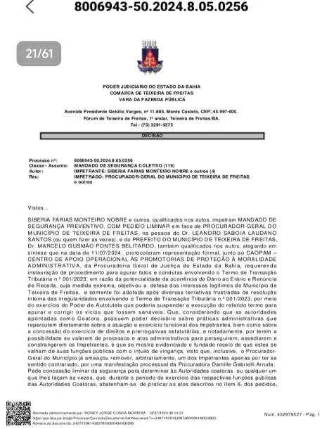 URGENTE: Justiça determina bloqueio de ações da prefeitura de Teixeira de Freitas por suspeita de desvio de dinheiro