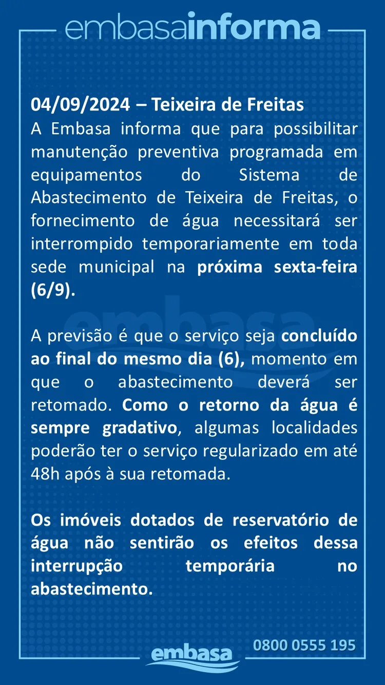 Abastecimento da Embasa será temporariamente interrompido em Teixeira de Freitas nesta sexta (6)