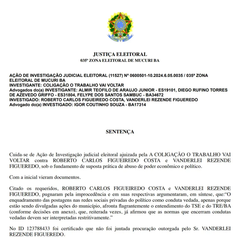  Mucuri: Justiça eleitoral condena Robertinho por abuso de poder econômico e o declara Inelegível por 8 anos