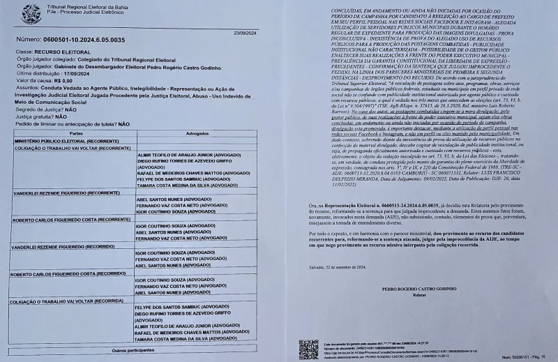 TRE/BA reverte decisão e mantém registro de candidatura à reeleição do prefeito Robertinho em Mucuri