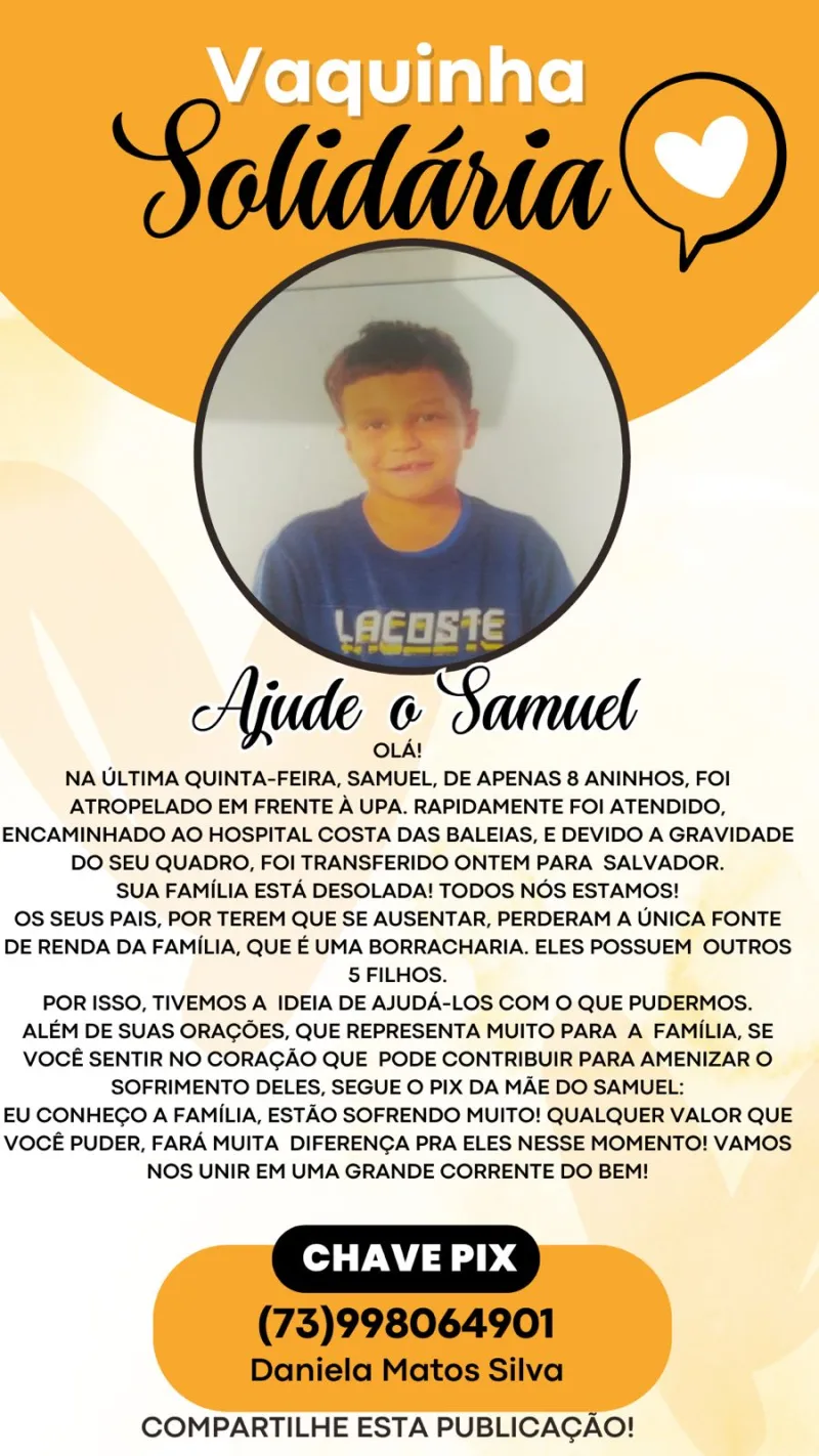 Vaquinha solidária para Samuel: Família busca ajuda após acidente grave