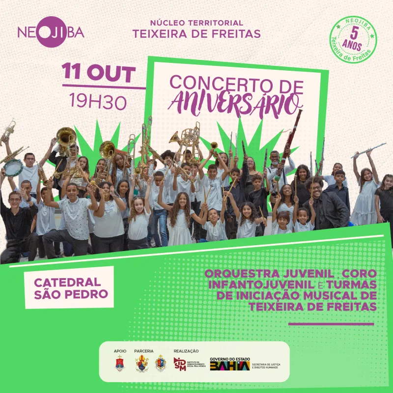 Mais de 200 crianças e jovens participam do concerto de aniversário de 5 anos do Núcleo Territorial NEOJIBA Teixeira de Freitas