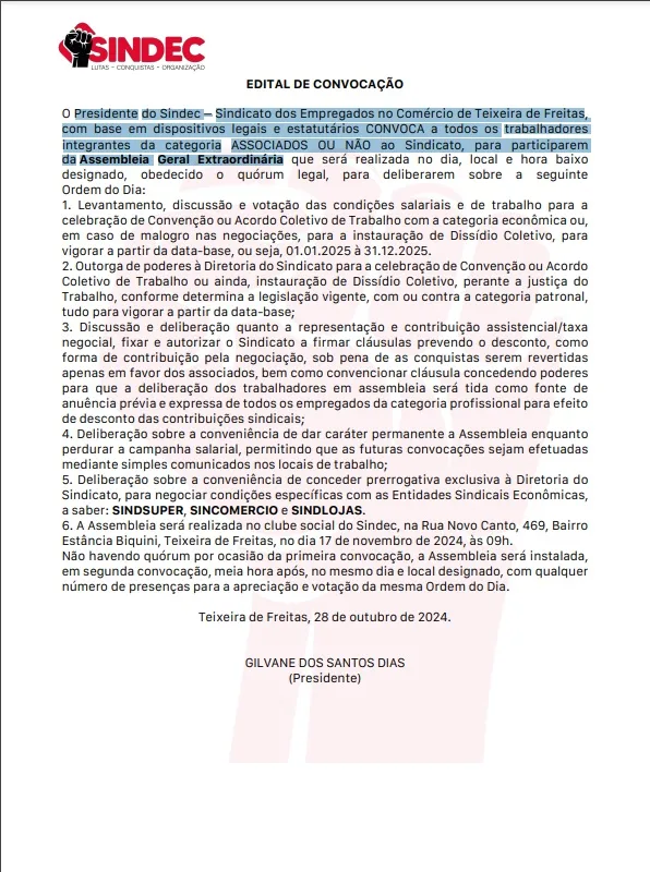 Sindec convoca: Participe da Assembleia Geral Extraordinária dos Trabalhadores de Teixeira de Freitas