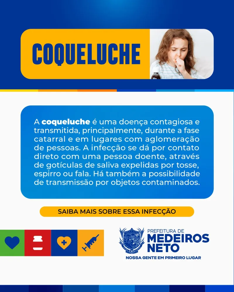 Prefeitura de Medeiros Neto alerta sobre os riscos do Coqueluche e importância do diagnóstico precoce