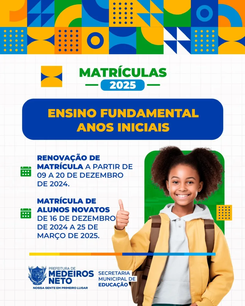 Prefeitura de Medeiros Neto abre período de rematrícula na rede pública municipal de ensino