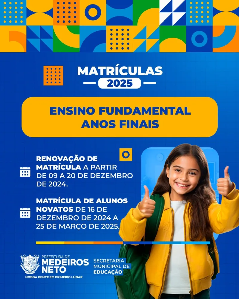 Prefeitura de Medeiros Neto abre período de rematrícula na rede pública municipal de ensino