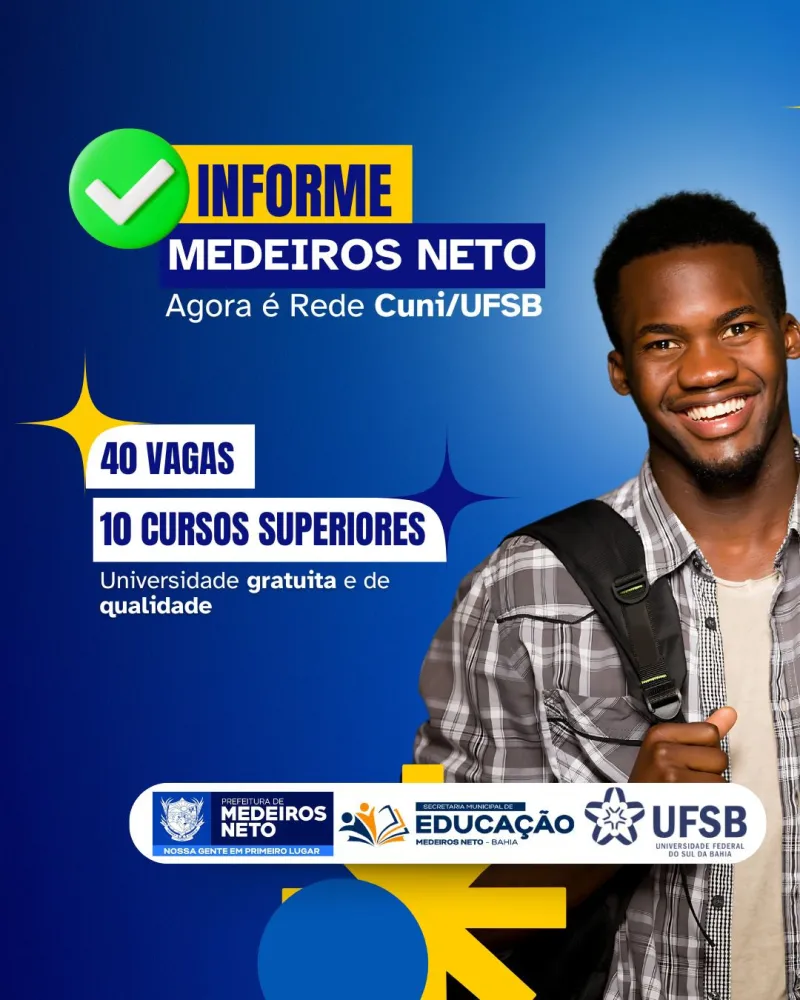 Medeiros Neto recebe 40 vagas em 10 cursos superiores gratuitos da UFSB através da Rede Cuni